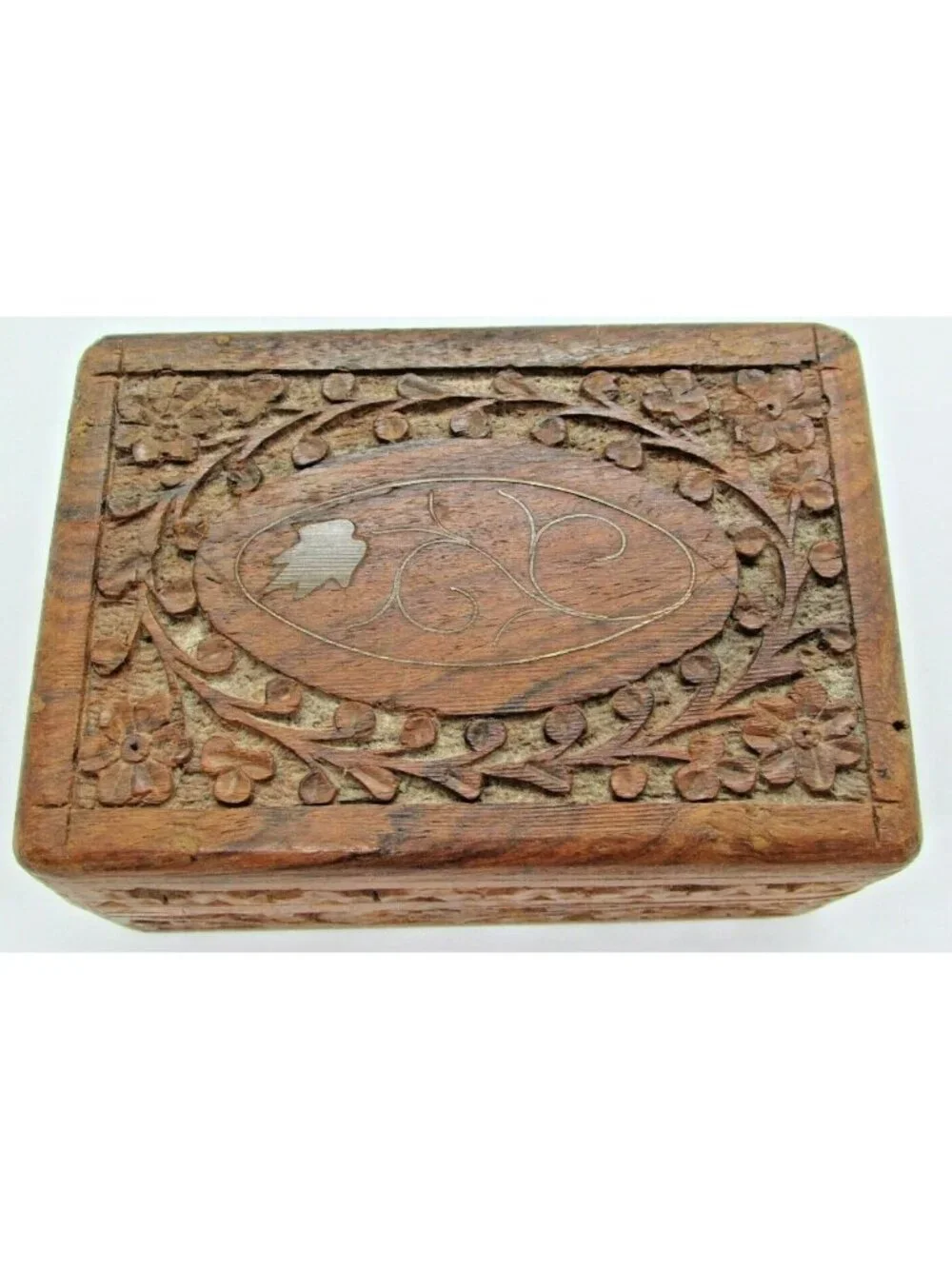 Vintage Hand Carved Floral Ivy Wooden Trinket Box India 5x3x2
